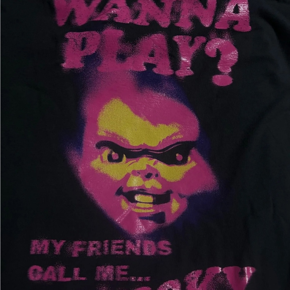 NWOT CHUCKY Horror Black Graphic Tee with Pink and Yellow Design